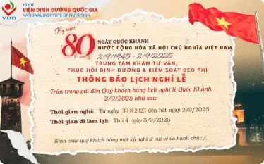 Thông báo Lịch nghỉ lễ Quốc Khánh của Trung tâm Khám Tư vấn, Phục hồi Dinh dưỡng và Kiểm soát Béo phì