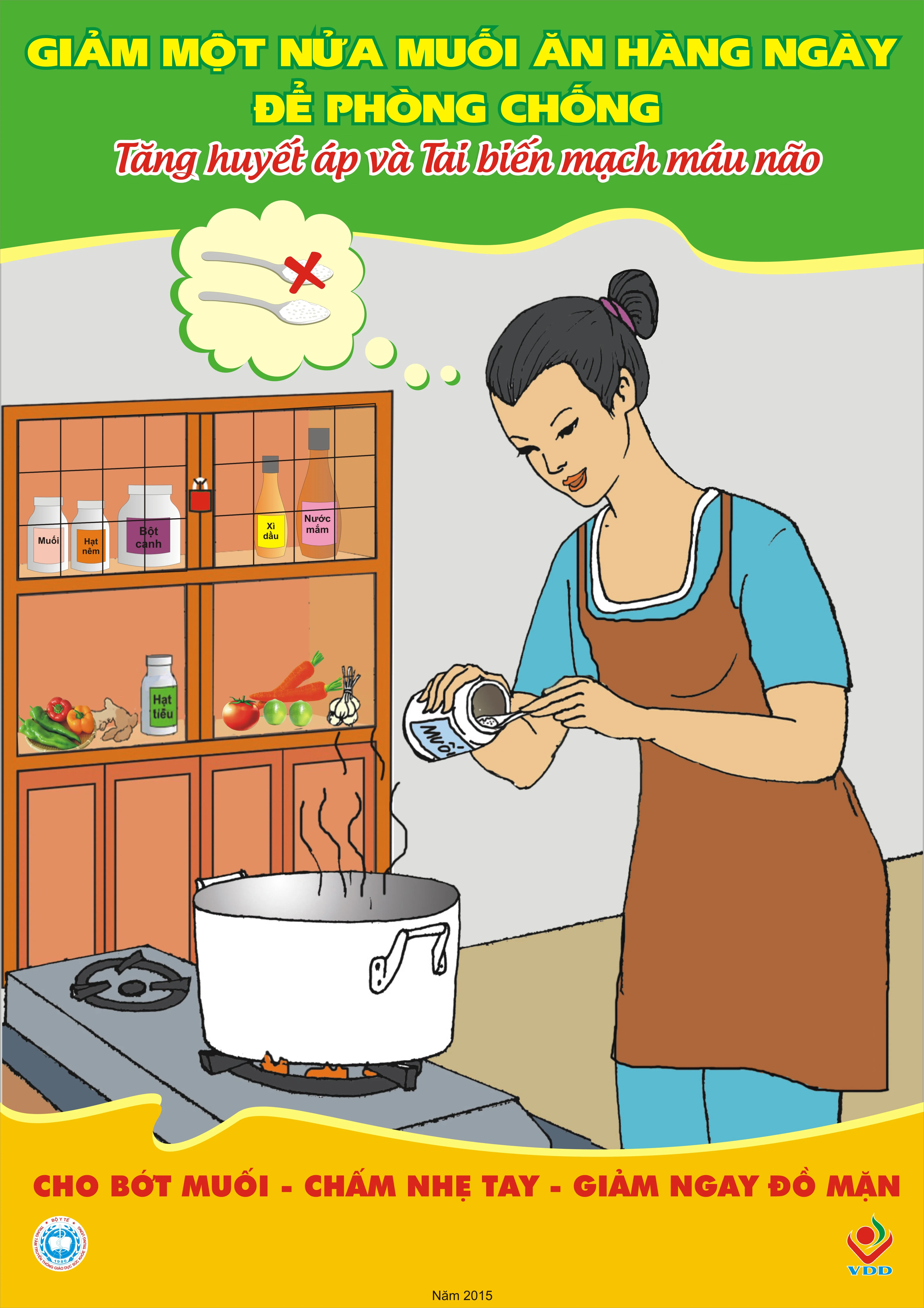 Áp phích Giảm một nửa muối ăn hàng ngày để phòng chống Tăng huyết áp và Tai biến mạch máu não